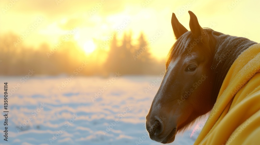 A horse stands wrapped in a yellow blanket during a cold winter sunrise. The golden light of dawn enhances the tranquil scene, with snow covering the ground and trees in the background.