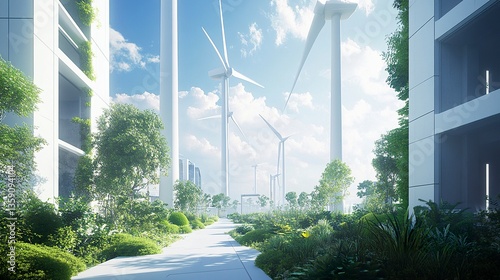 Tall, elegant wind turbines stand amidst a futuristic landscape clean-cut pathways and greenery highlight sustainable energy.  