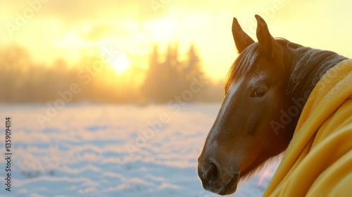 Obraz na płótnie A horse stands wrapped in a yellow blanket during a cold winter sunrise. The golden light of dawn enhances the tranquil scene, with snow covering the ground and trees in the background. w salonie