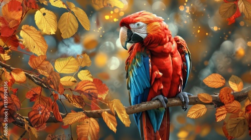 A vibrant macaw with red, blue, and yellow feathers sits on a branch surrounded by autumn leaves. The warm hues of the foliage and the bird's bright plumage create a lively and picturesque scene