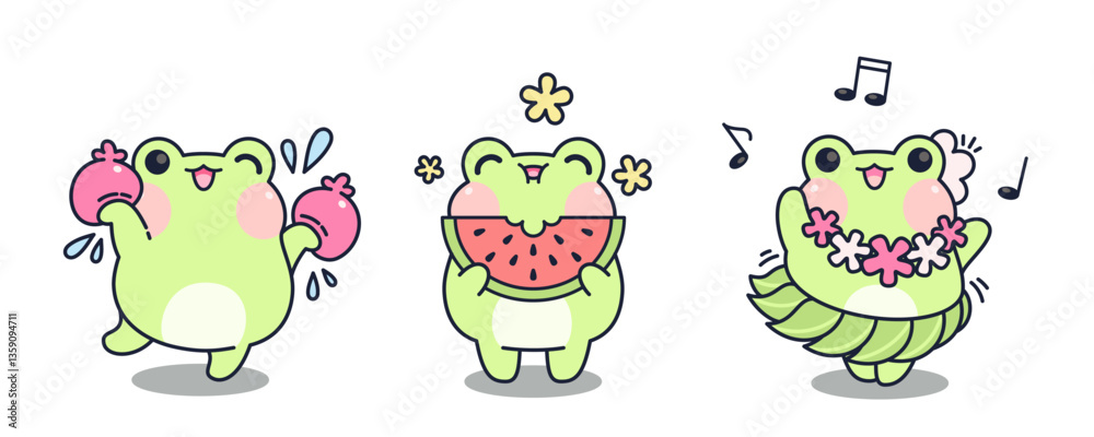 Obraz premium Cute kawaii frogs set isolated on white background. Vector cartoon illustration of funny green animal smiling, playing with water, eating sweet watermelon, dancing to hawaiian music, comic toad mascot