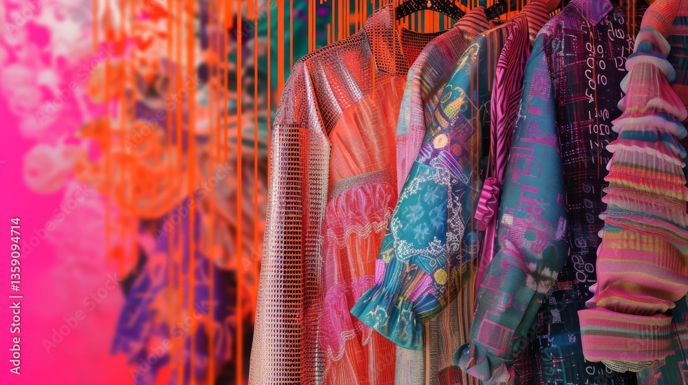 A display of vibrant and eclectic digital fashion pieces in a neon art installation. The combination of bright colors and intricate digital designs creates a striking visual effect, emphasizing the