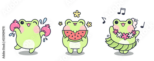 Cute kawaii frogs set isolated on white background. Vector cartoon illustration of funny green animal smiling, playing with water, eating sweet watermelon, dancing to hawaiian music, comic toad mascot