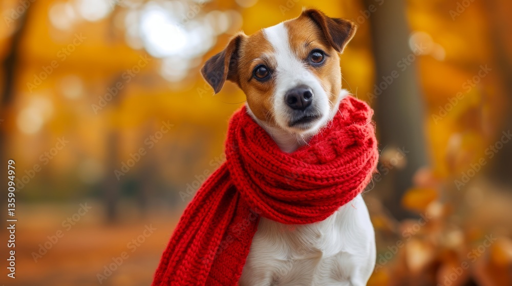 A Jack Russell Terrier sits in an autumn forest, wearing a cozy red scarf. The golden leaves in the background and the dog's expressive eyes create a heartwarming fall scene, perfect for seasonal
