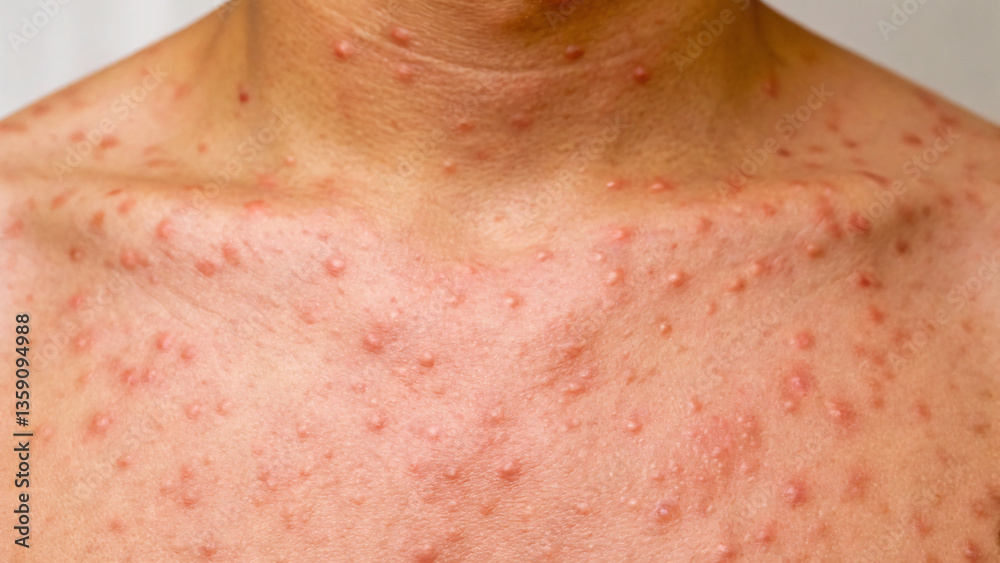 Fototapeta premium Skin condition with red bumps and lesions on chest and neck area under natural light