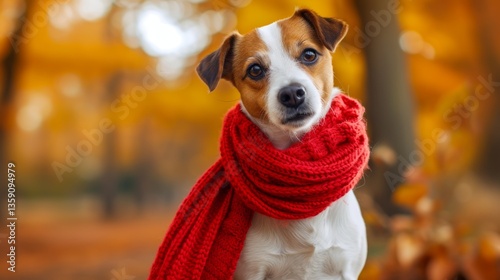 Obraz na płótnie A Jack Russell Terrier sits in an autumn forest, wearing a cozy red scarf. The golden leaves in the background and the dog's expressive eyes create a heartwarming fall scene, perfect for seasonal w salonie