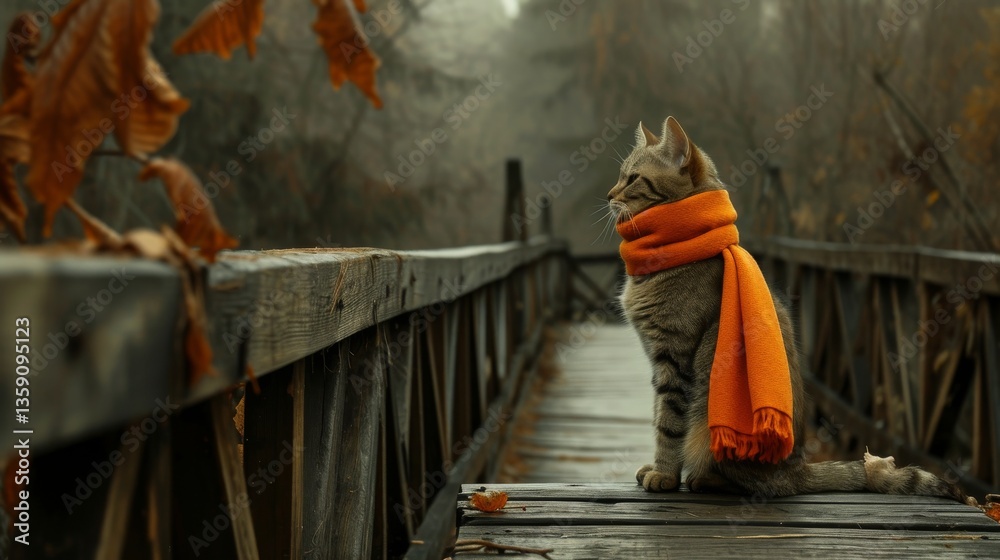 Fototapeta premium A serene tabby cat sits gracefully on a wooden bridge, wrapped in a vibrant orange scarf. The autumn setting, with falling leaves and muted tones, evokes a sense of calm and contemplation.
