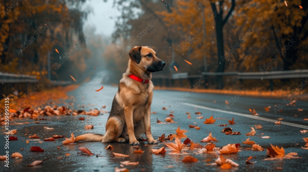 A captivating image of a dog wearing a red collar, sitting on a wet road amidst falling autumn leaves. The vibrant orange and brown foliage create a beautiful contrast with the dog's coat, capturing