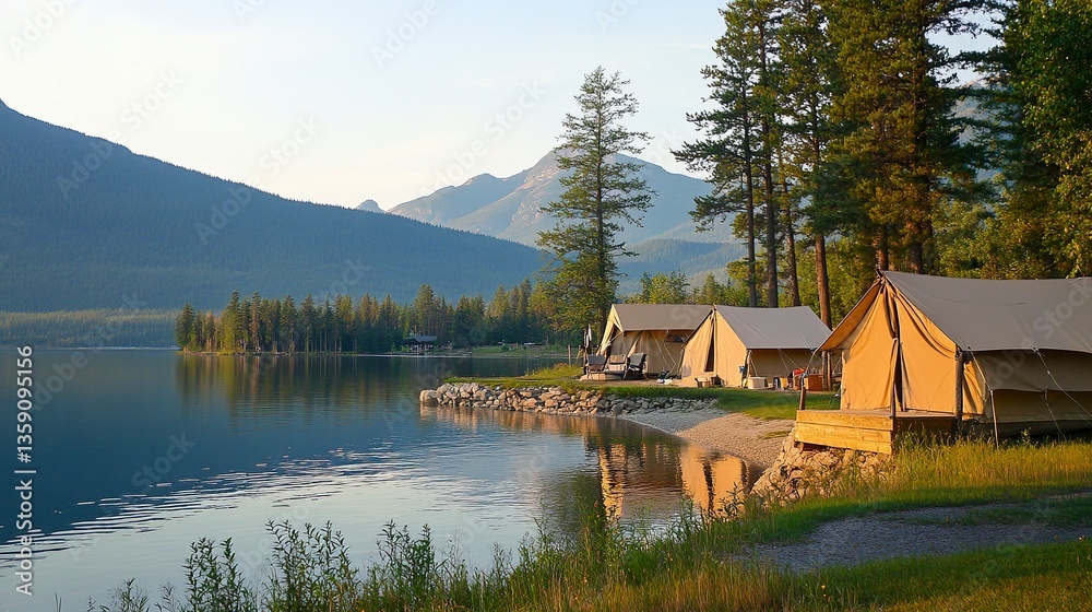 Fototapeta premium Tranquil camping site by the lake tents facing the water serene reflections surrounded by nature's beauty. 