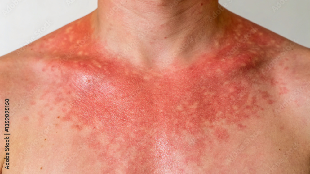 Fototapeta premium Body Skin Condition with Red Irritation and Rash on Chest Area and Shoulders