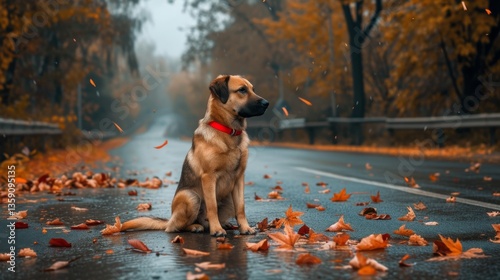 Obraz na płótnie A captivating image of a dog wearing a red collar, sitting on a wet road amidst falling autumn leaves. The vibrant orange and brown foliage create a beautiful contrast with the dog's coat, capturing w salonie