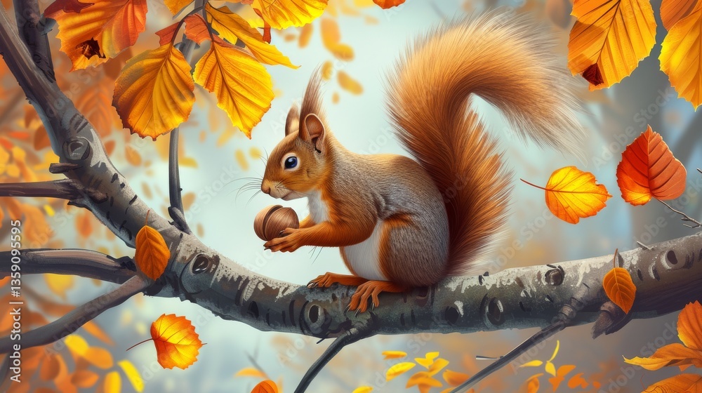 A vibrant red squirrel sits on a branch surrounded by colorful autumn leaves, clutching a nut. The warm autumn colors highlight the squirrel's soft fur and bushy tail, capturing a perfect moment of