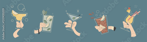Hands holding cocktail glasses set isolated on background. Vector illustration of retro party bar menu, mojito beverage, cups of alcoholic drinks with lemon, cherry, pineapple pieces and straws