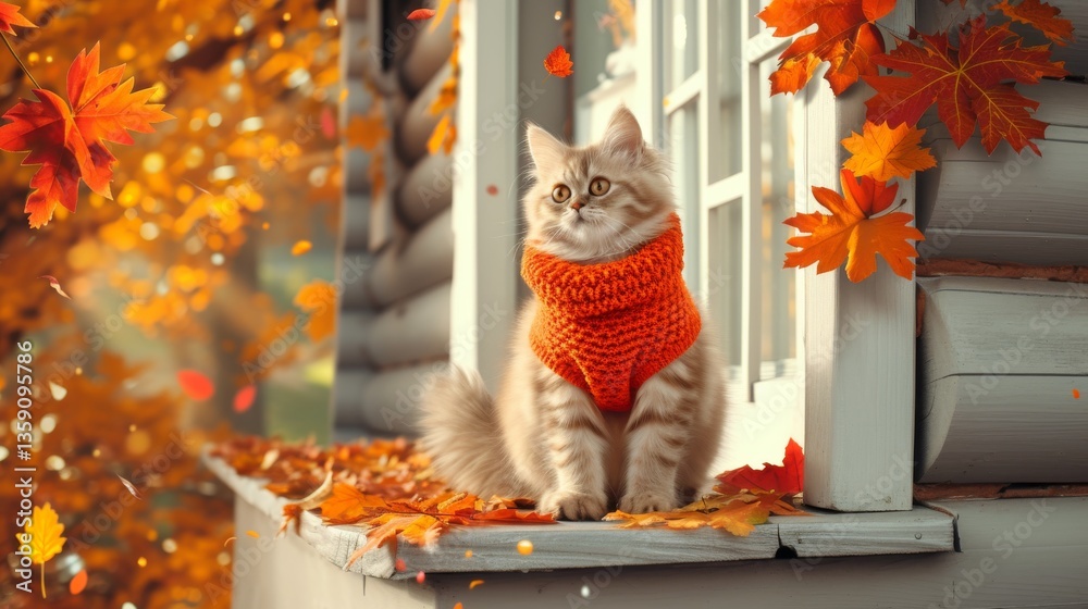 A fluffy cat wearing an orange scarf sits serenely on a porch adorned with autumn leaves. The background of the wooden house and the falling leaves enhances the cozy and picturesque autumn scene.
