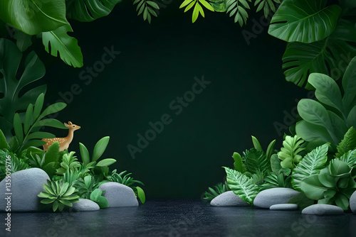 Lush tropical foliage frames dark background, featuring a small deer figurine and grey stones