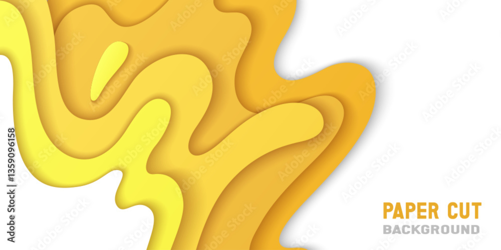 Papercut topography background with layered wavy curves, rounded 3d shapes. Abstract geometry design elements in paper cut out craft style, yellow color shades on white. Trendy minimal art composition