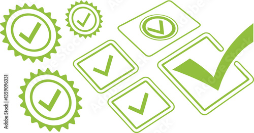 Symbols of Verification: Seven Green Check Marks Representing Completion and Confirmation