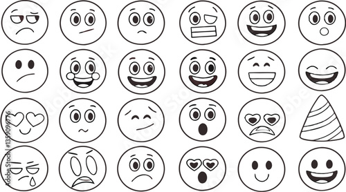 Expressive Emoji Faces in Black and White Line Art: 24 Unique Ways to Convey Emotions