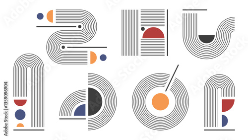 Abstract mid century modern geometric shapes - minimal black line art elements with arches, circles, curves. Retro graphic design kit, vintage architectural drawings. Simple vector illustrations set