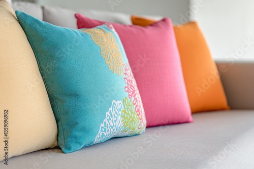 Vibrant Colorful Pillows on a Cozy Sofa, Perfect Home Decor