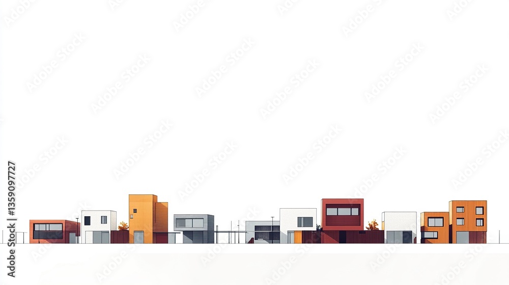 Obraz premium Wide horizontal stripe illustration of a real estate facade simple flat-color houses aligned in a modern housing scheme clean white background. 