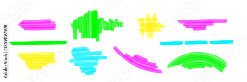 Colorful highlight marker strokes set - vivid neon green, blue, pink and yellow hand drawn frames and paint brush lines. Bright highlighter pen doodle shapes, marker felt tip drawing with rough edges.