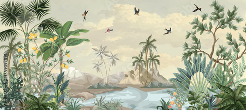 Tropical Wall Mural Design, Tropical plant, River , Sky, Watercolor tropical plant Background