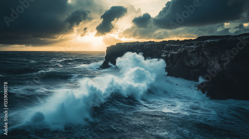 Dramatic ocean waves crashing against rocky cliff at sunset  