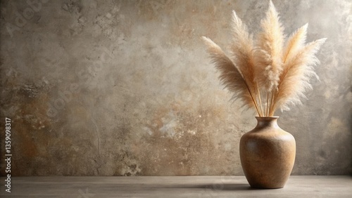 A rustic ceramic vase filled with dried pampas grass, set against a textured backdrop of brown and gray tones.