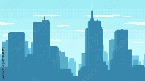 Day time cityscape animated pixel art. High buildings silhouette and clouds. 2d pixel video-game background animation of daytime with modern skyscrapers in city. Seamless loop 4k video.