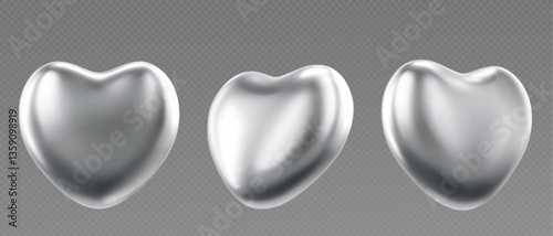 Chrome heart with shiny metallic surface in different angles. Silver 3d metal shapes with smooth reflections on transparent background. Luxury romantic icons, wedding or Valentine day design elements.