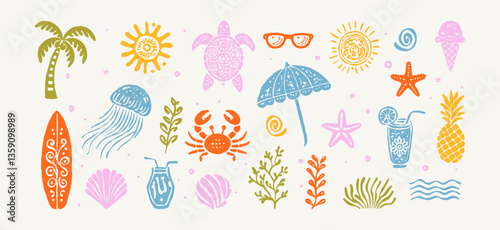 Summer Doodle Icon Set – Hand Drawn Tropical Elements Including Sun, Palm Tree, Jellyfish, Turtle, Surfboard, Cocktail, Swimsuit, Coral, Sea Creatures and Vacation Symbols. Vector Illustration Pack