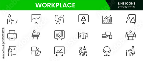 Workplace icon outline set. Containing job, working, employee, project, teamwork, employment, meeting, appointment, and more. Vector line icons collection.