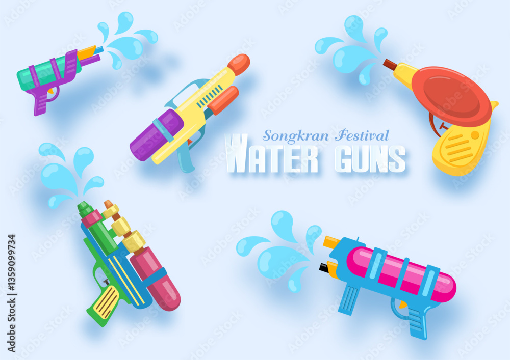 2d and Set of colorful water gun toys with English texts on blue background. 2d and Set of colorful water gun toys with English texts on blue background.