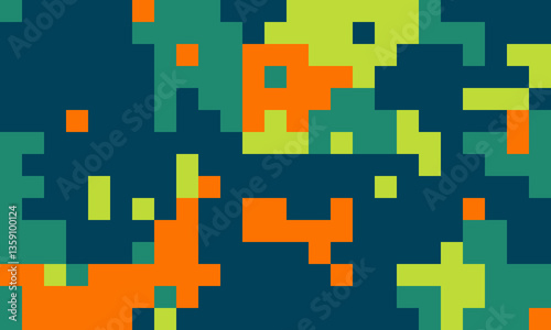 Vibrant pixel art background.  Abstract geometric design with bold orange, green, and teal squares. Ideal for tech, gaming, or modern design projects.