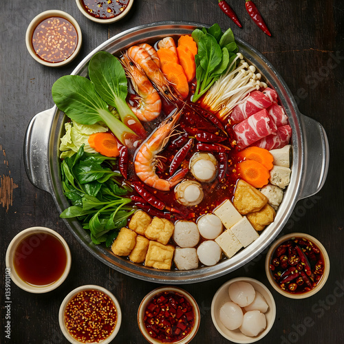 
A top-down view of a traditional Chinese hot pot filled with spicy red broth, fresh vegetables, thinly sliced beef, seafood, and tofu, surrounded by dipping sauces on a wooden table.