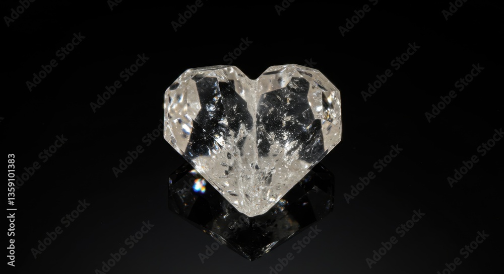 unusual herkimer diamond crystal in shape of broken heart, perfectly clear and double-terminated, refracting light into tiny rainbows, floating above a dark reflective surface unusual herkimer diamond crystal in shape of broken heart, perfectly clear and double-terminated, refracting light into tiny rainbows, floating above a dark reflective surface