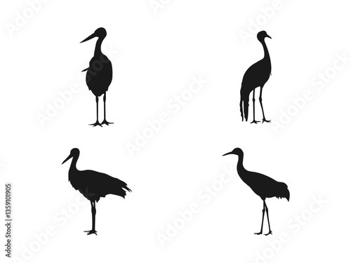 crane standing silhouette icon. Heron bird logo, heron, heron flying. Silhouette or shadow black ink icons of crane birds or herons flying and standing set. Vector illustration on a white background.