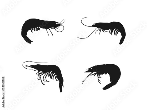Shrimp vector icon. Seafood logo, sign, symbol. Sea Caridea animal. Shrimp Silhouette vector illustration in black and white.Shrimp silhouette. Vector illustration on a white background.