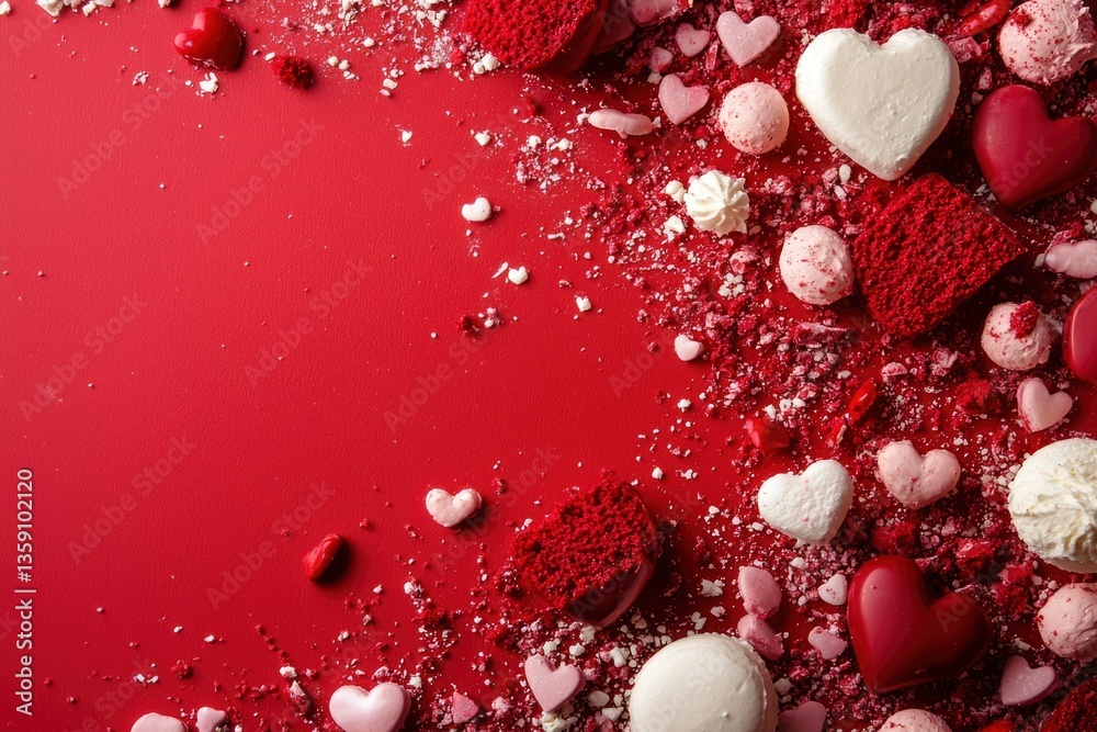 Fototapeta premium Heart candies arrangement on red background. Decoration for a party or event