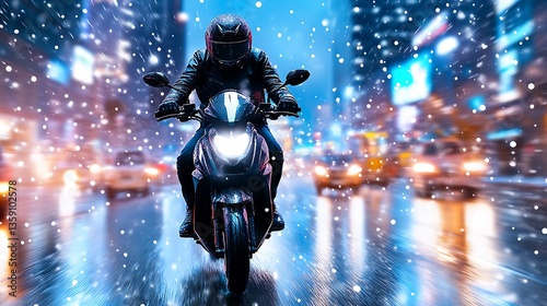 Motorcyclist Riding at Night in Snowfall