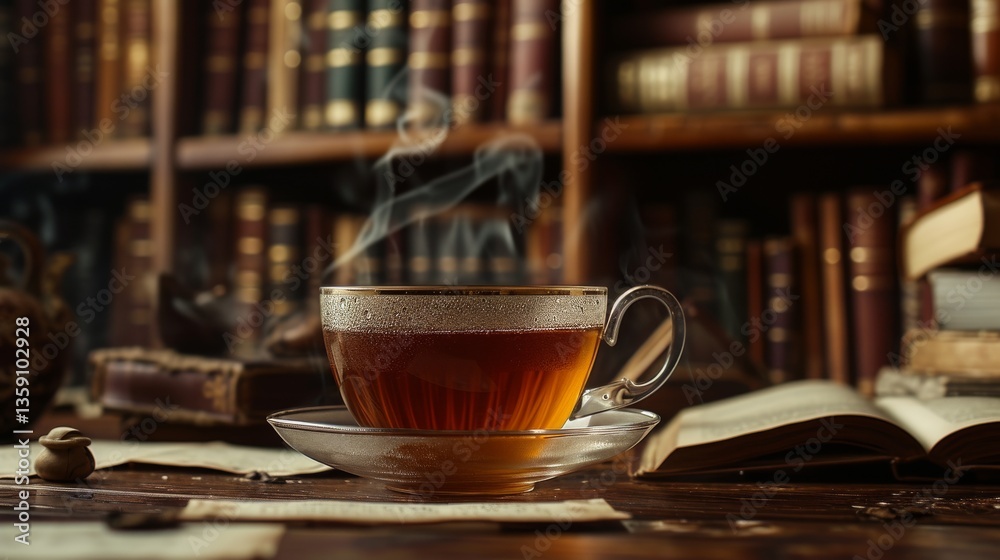 A classic scene of a steaming cup of tea placed on a wooden table within a vintage library, surrounded by open books. Perfect for themes of relaxation, knowledge, and nostalgic comfort in an elegant