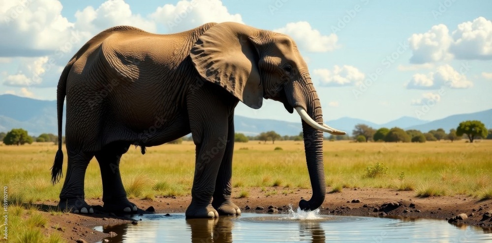 Fototapeta premium Large African elephant lowers trunk to drink from watering hole, africa landscape, tusks, wild animal