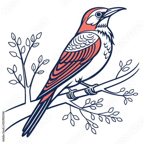 Colorful bird perched on a branch in a tropical jungle, featuring vibrant feathers and a long beak, in a playful vector illustration style photo