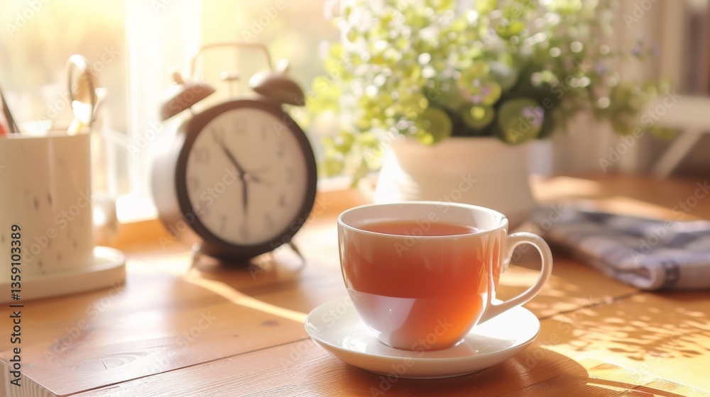 A sunlit kitchen scene with a tea cup and a vintage alarm clock on a wooden table. The soft morning light and cozy decor create a warm, inviting atmosphere, perfect for illustrating themes of morning