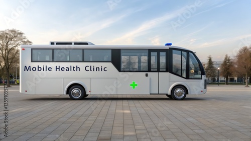 Healthcare Policy Access Equity. Mobile health clinic vehicle parked on a paved area under a clear sky.
