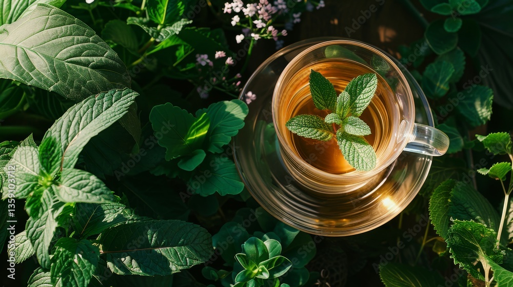 A clear glass teacup with freshly brewed mint tea sits among lush green foliage and blooming flowers, capturing the freshness and vitality of a garden setting.
