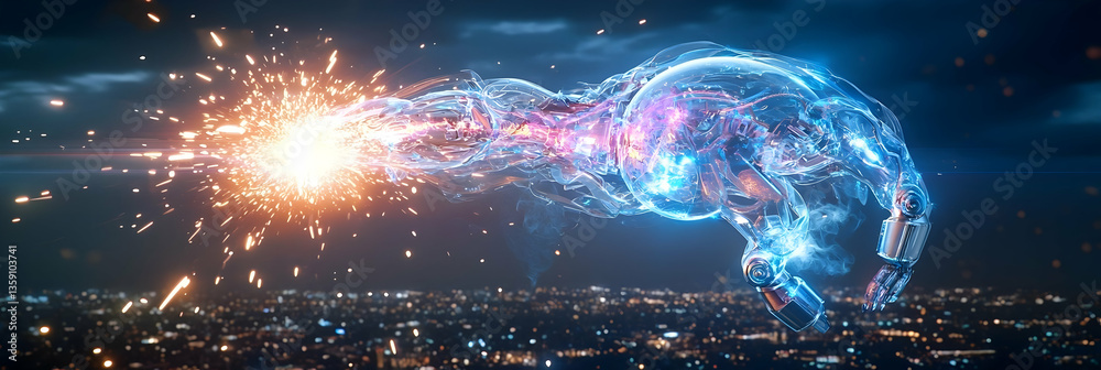 Abstract Digital Art Energy Explosion Over Cityscape at Night Abstract Digital Art Energy Explosion Over Cityscape at Night