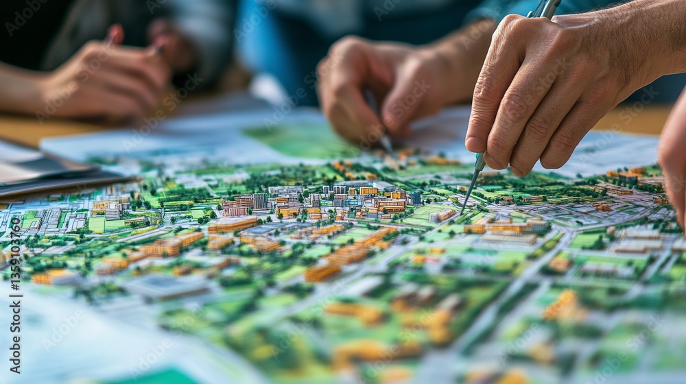 Fototapeta premium Architect reviewing comprehensive town plans sustainable urban infrastructure green zones community-oriented focus. 