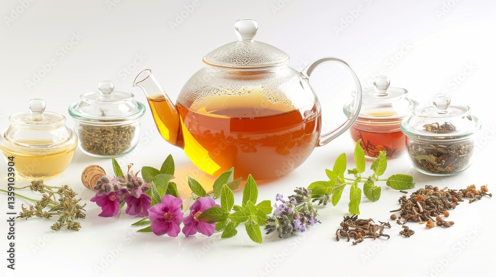 A clear glass teapot filled with amber herbal tea, surrounded by various herbs, flowers, and spices in glass jars. The vibrant arrangement showcases a blend of natural ingredients, creating a fresh